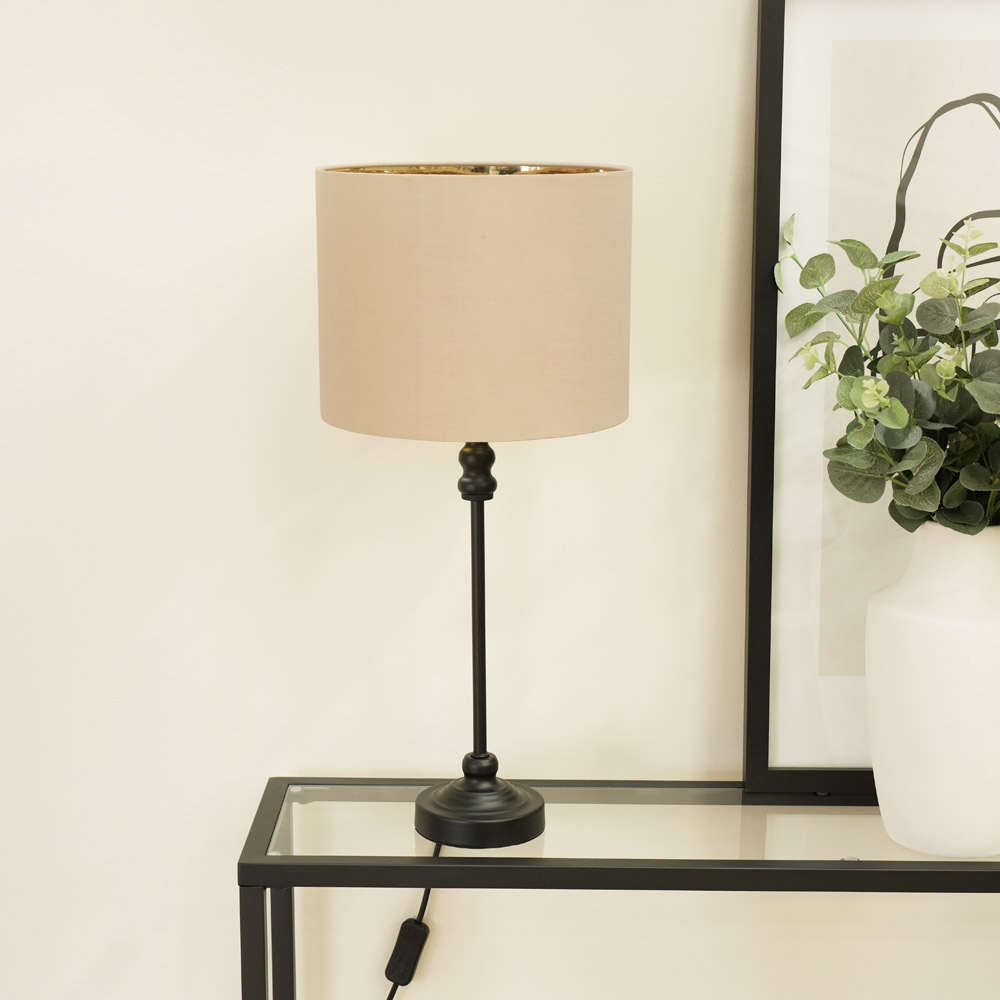 ValueLights Maggie Beige and Metallic Chrome Shade Black Candlestick Table Lamp Image 3