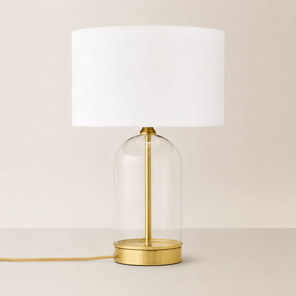 ValueLights Jessy White Fabric Drum Shade Gold Trim Glass Table Lamp with Bulb Image 3