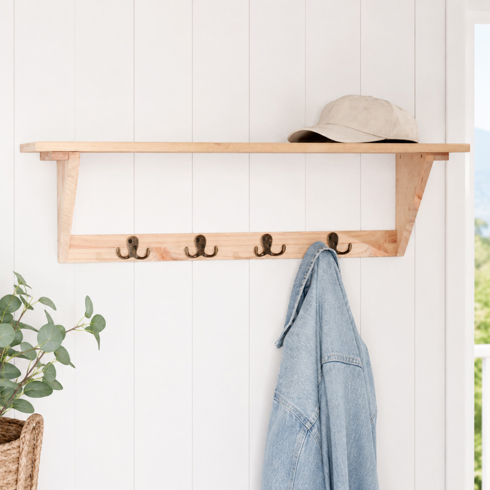 Core Products Single Shelf Solid Pine Pre-Sanded Hat and Coat Shelf Kit with Hooks Image 3