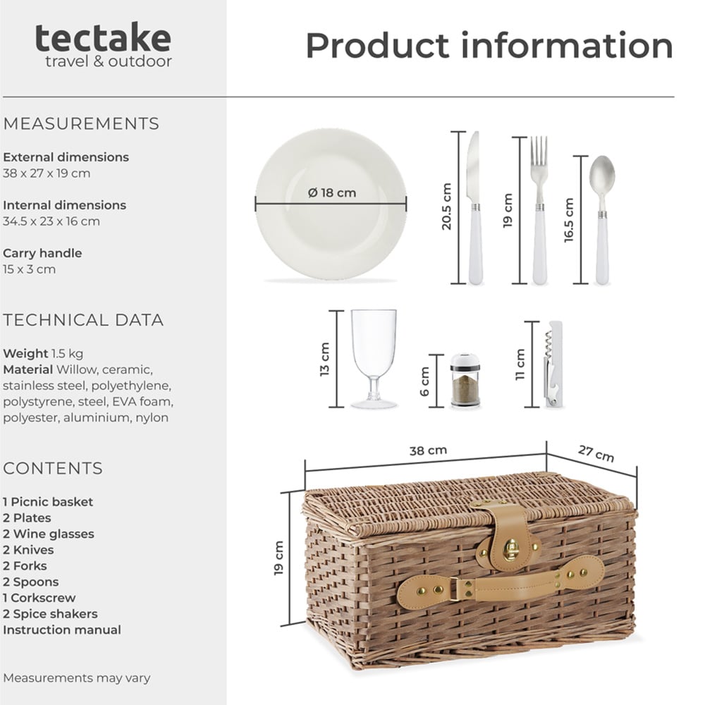 tectake Lange 2 Person Picnic Basket with Cooler Compartment and Accessories Image 8
