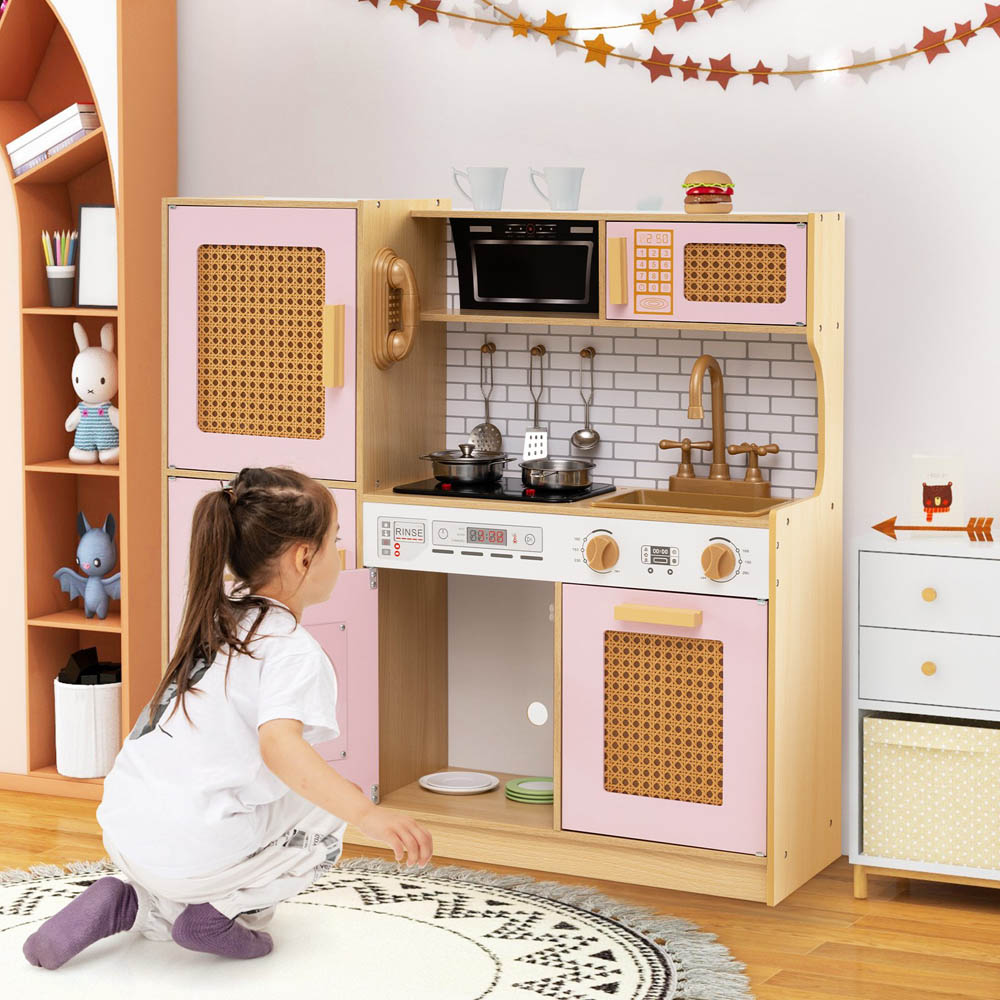 Costway Kids Pink Wooden Kitchen Playset with Stove and Water Dispenser Image 4
