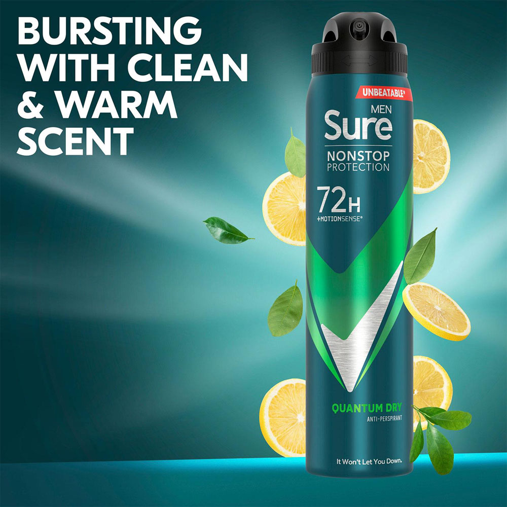 Sure Men 72H Non-Stop Protection Anti Perspirant Quantum Dry Deodorant Spray 250ml 24 Pack Image 5