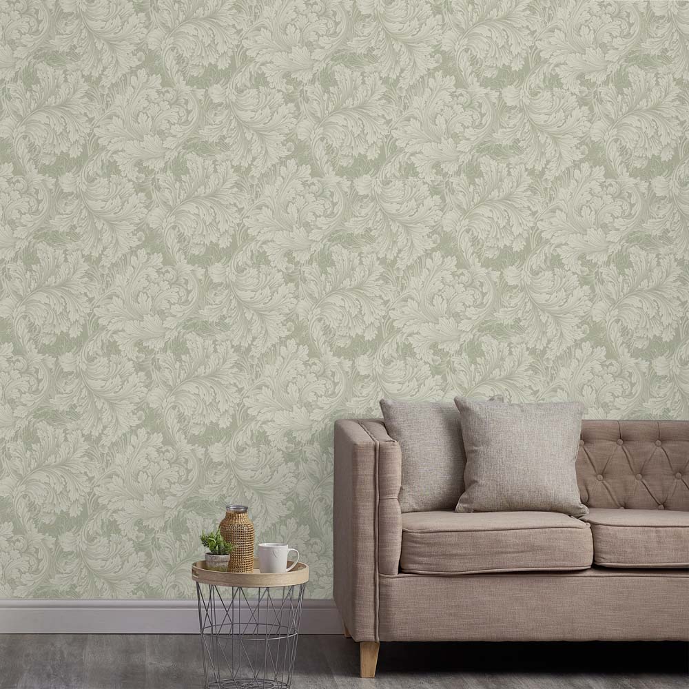 Grandeco Rossetti Acanthus Leaves Scroll Green Wallpaper Image 4