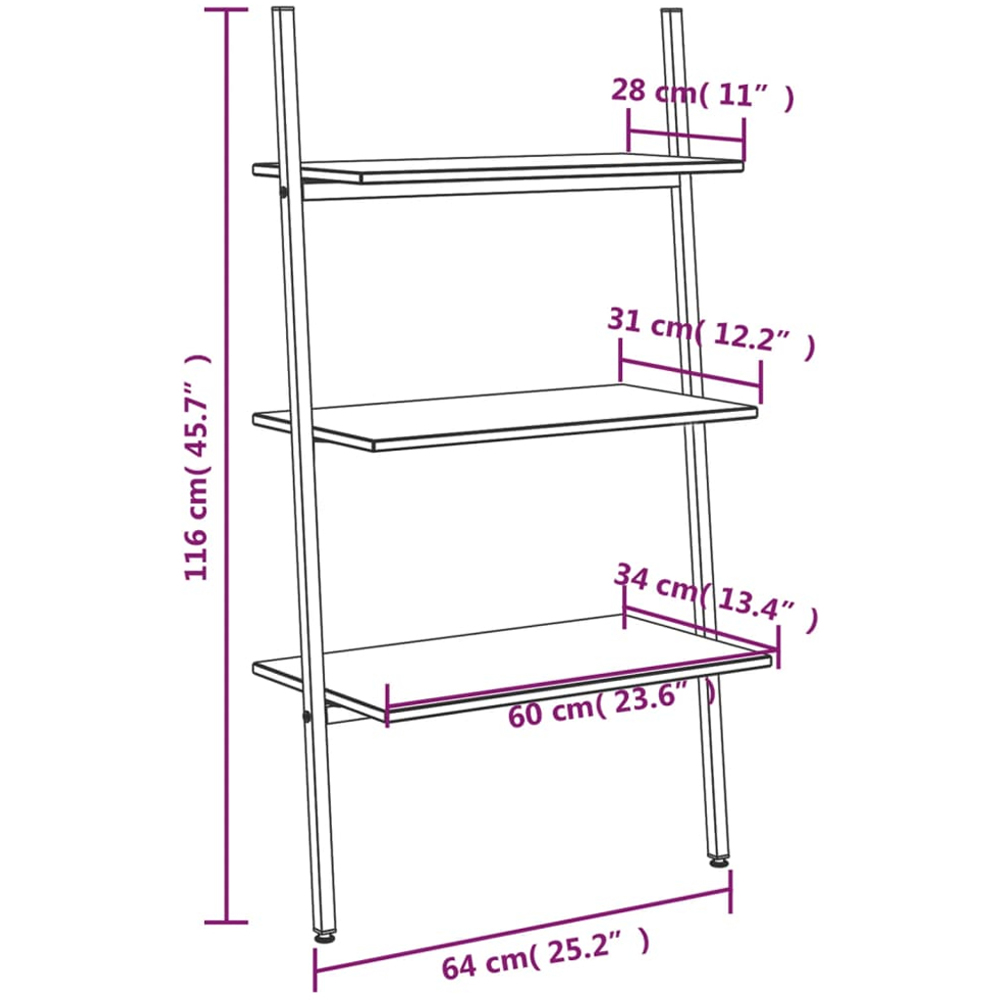 vidaXL 3 Shelf Light Brown Wood and Steel Leaning Bookcase Image 8