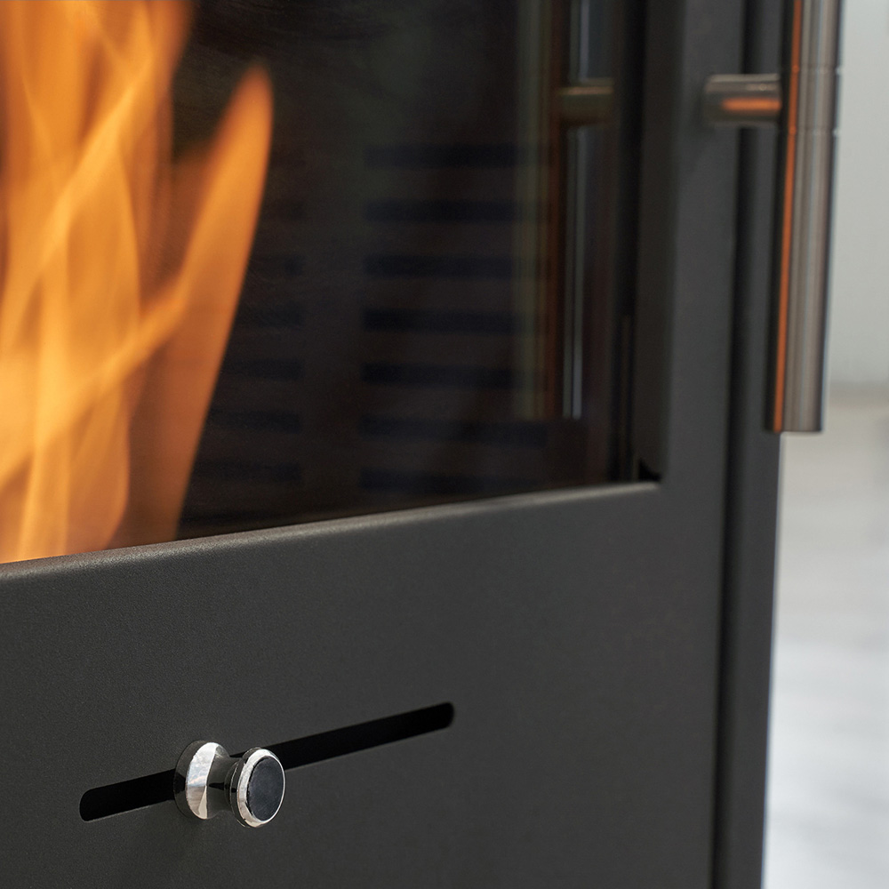 OKO S1 Charcoal Grey Bio Ethanol Stove with Log Storage and Angled Pipe Image 4