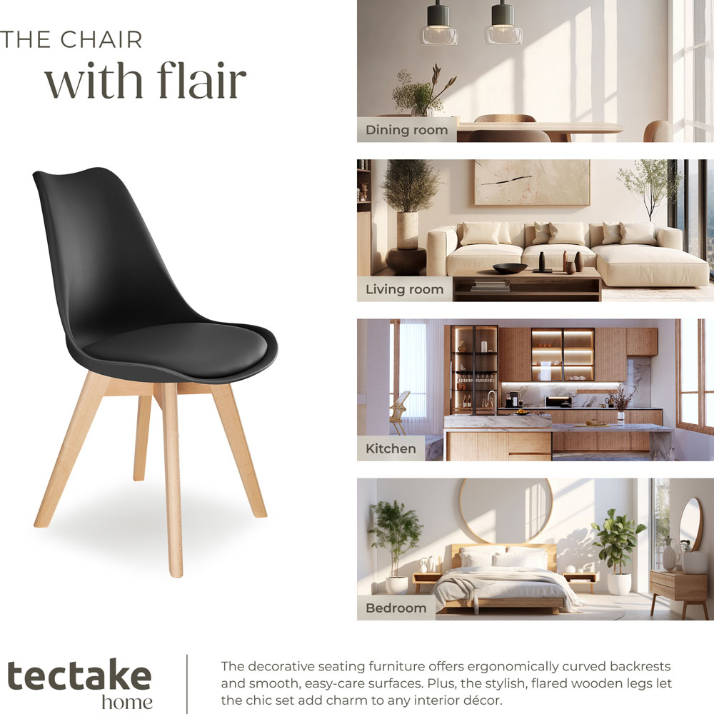 tectake Frederikke Set of 8 Black Padded Dining Chair with Wooden Legs Image 7