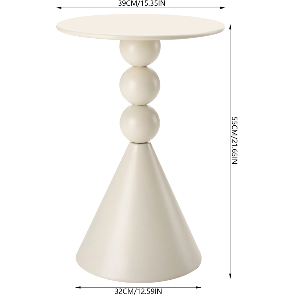 Living and Home Cream White Round Triple Sphere Column and Conical Base Side Table Image 9