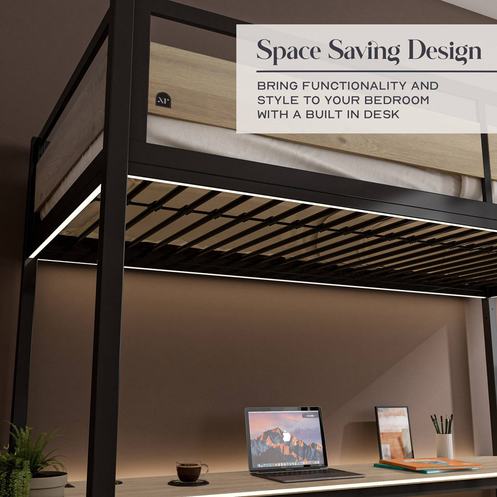 XR Living Denver Single Oak and Black High Sleeper with Storage and App Controlled LED Lights Image 7
