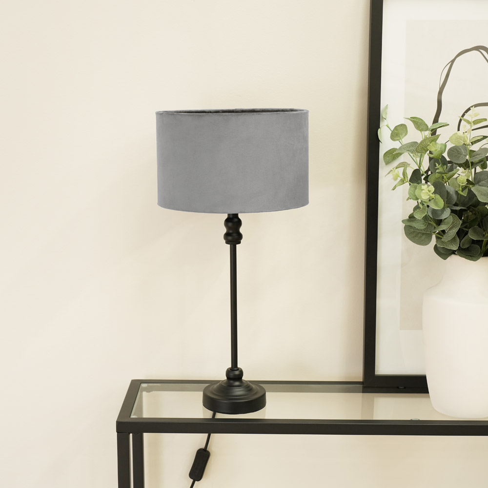 ValueLights Maggie Grey Velvet and Black Drum Shade Candlestick LED Table Lamp Image 3