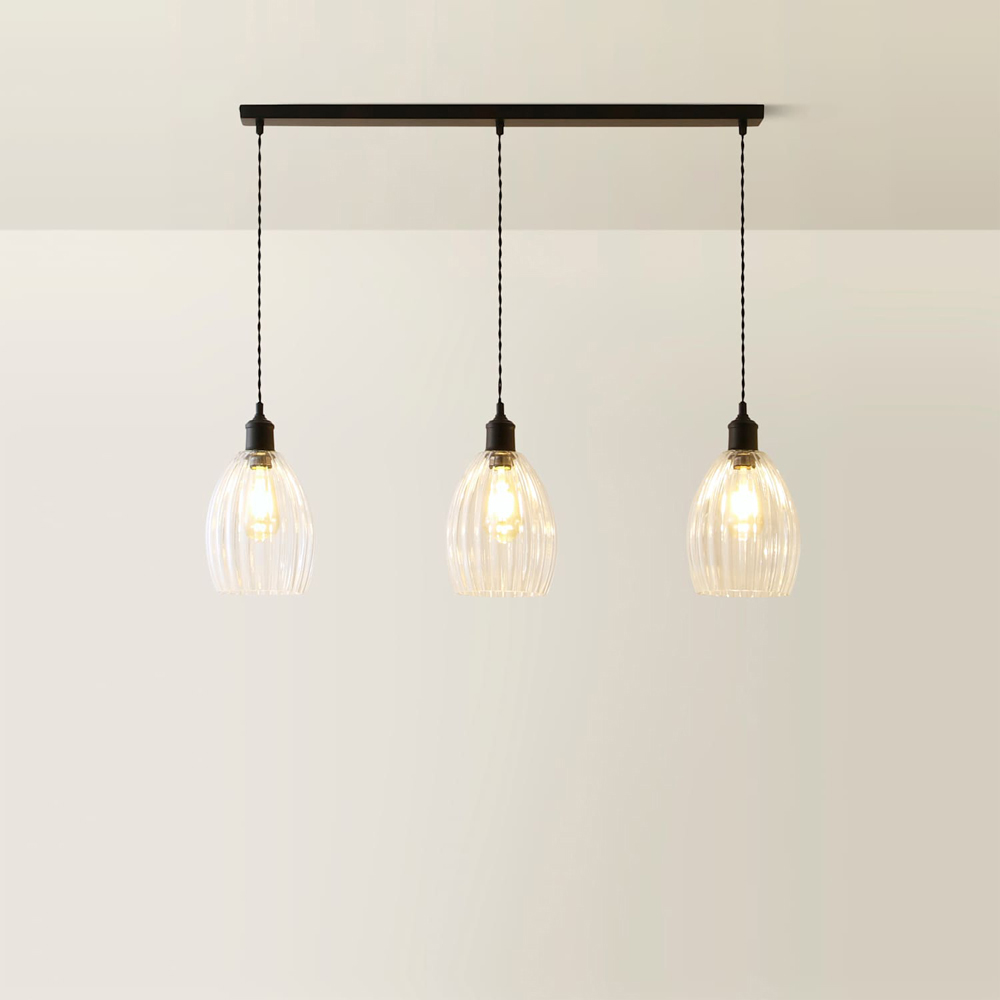 ValueLights Cheltenham Ribbed Shades Matte Black 3 Drop Bar Ceiling Light with Bulbs Image 5