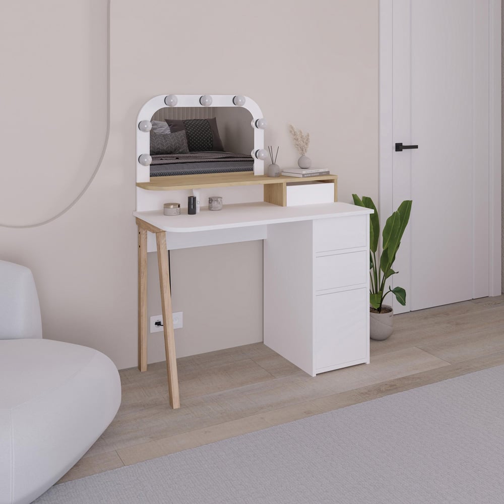 Decortie Avien 3 Drawer Single Door White and Oak Makeup Vanity Table with LED Mirror Image 5