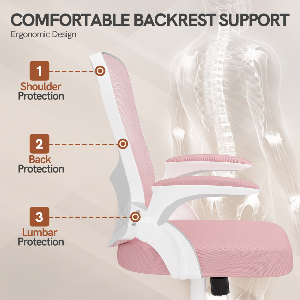 Rattrix Pink Mid-Back Mesh Office Chair with Flip-Up Armrests and Lumbar Support Image 6