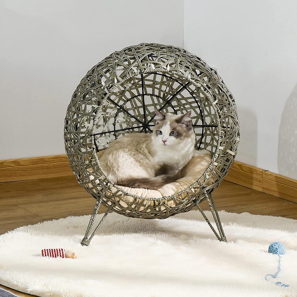 PawHut Woven Rattan Elevated Cat Bed Grey Image 9