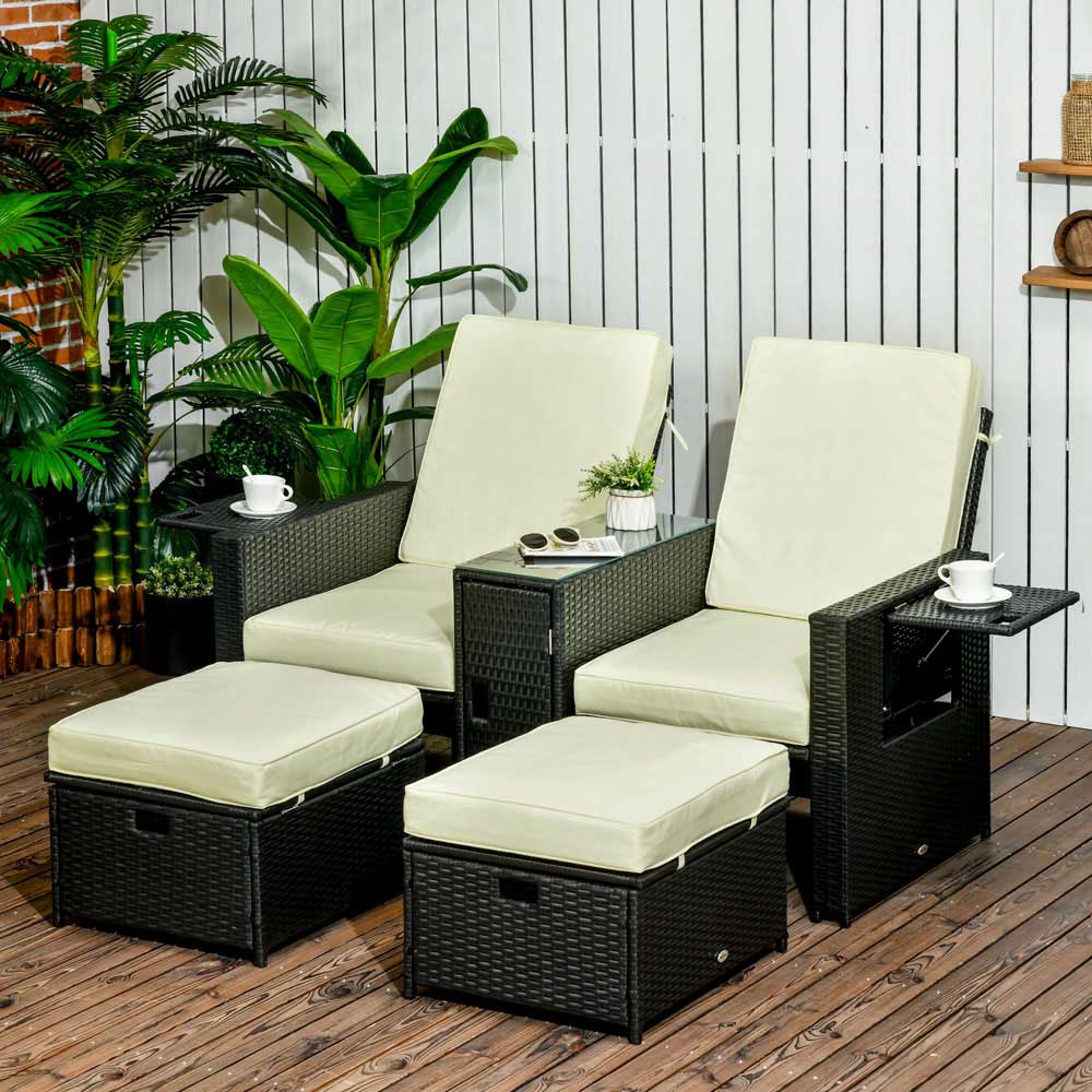 Outsunny 5 Piece Black PE Rattan Sun Lounger Set Image 1