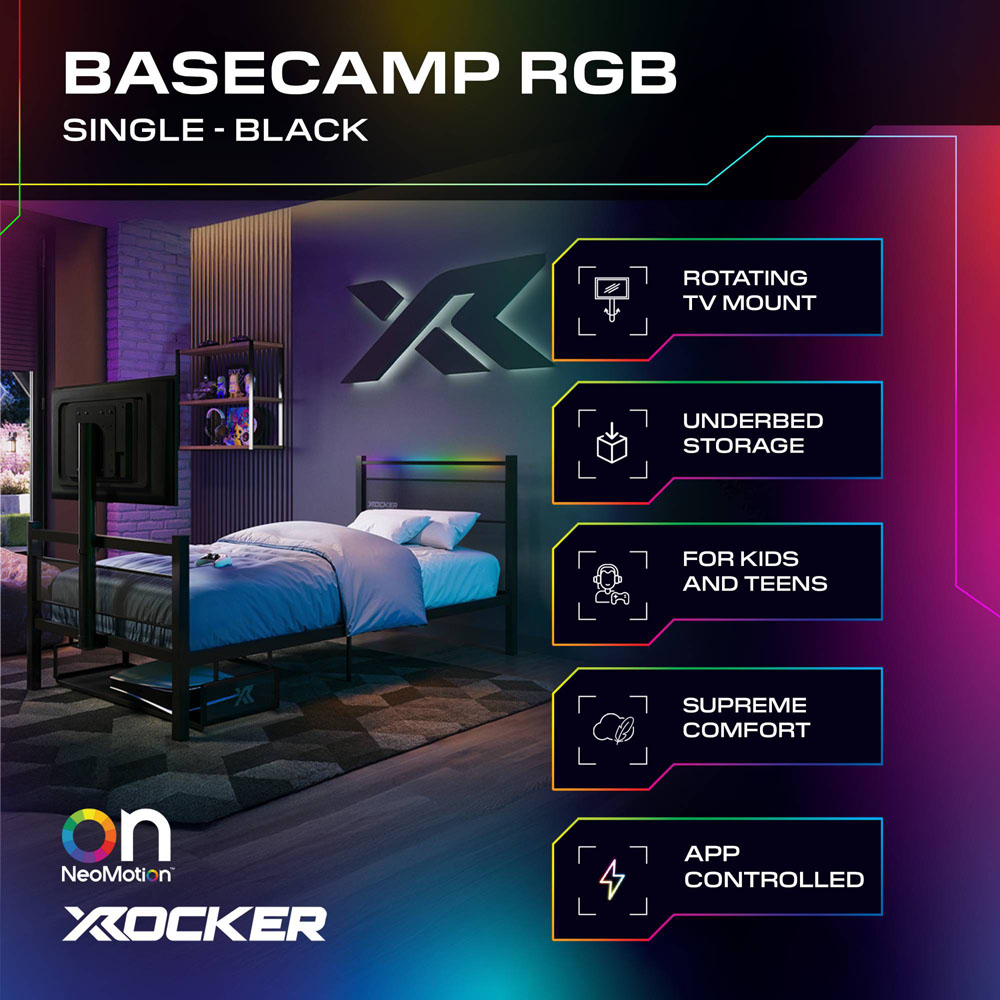 X Rocker Basecamp Single Black TV Gaming Bed with App Controlled RGB LED Light Image 7
