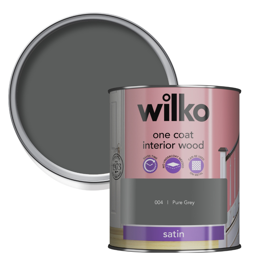 Wilko One Coat Interior Wood Pure Grey Satin Paint 750ml Image 1