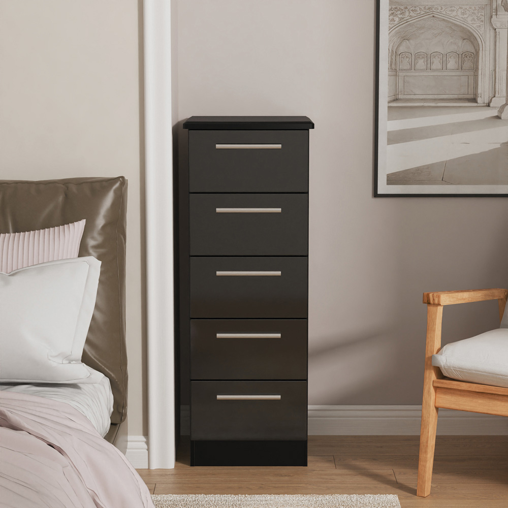 Crowndale Knightsbridge 5 Drawer Black Gloss and Black Tall Bedside Cabinet Ready Assembled Image 3