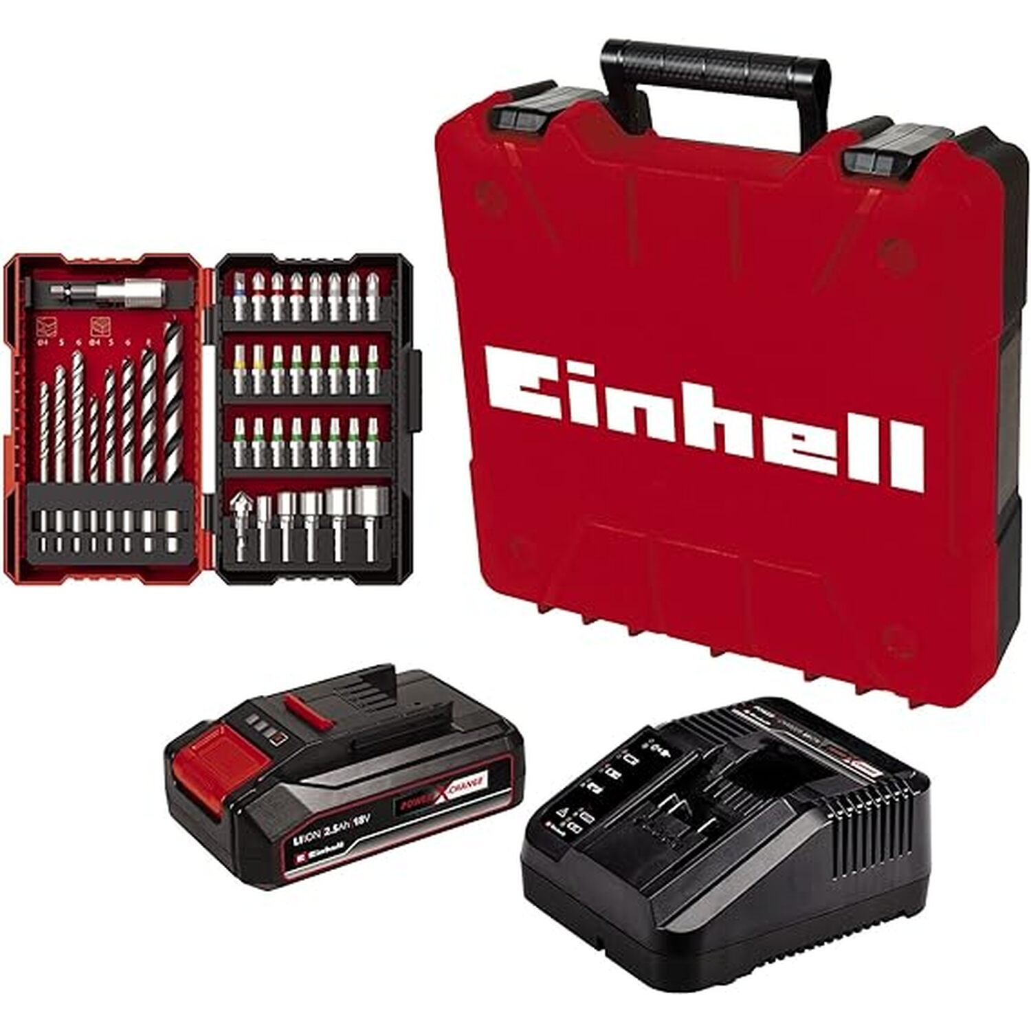 Einhell Red Cordless Drill Bit Set with Battery and Case Image 2