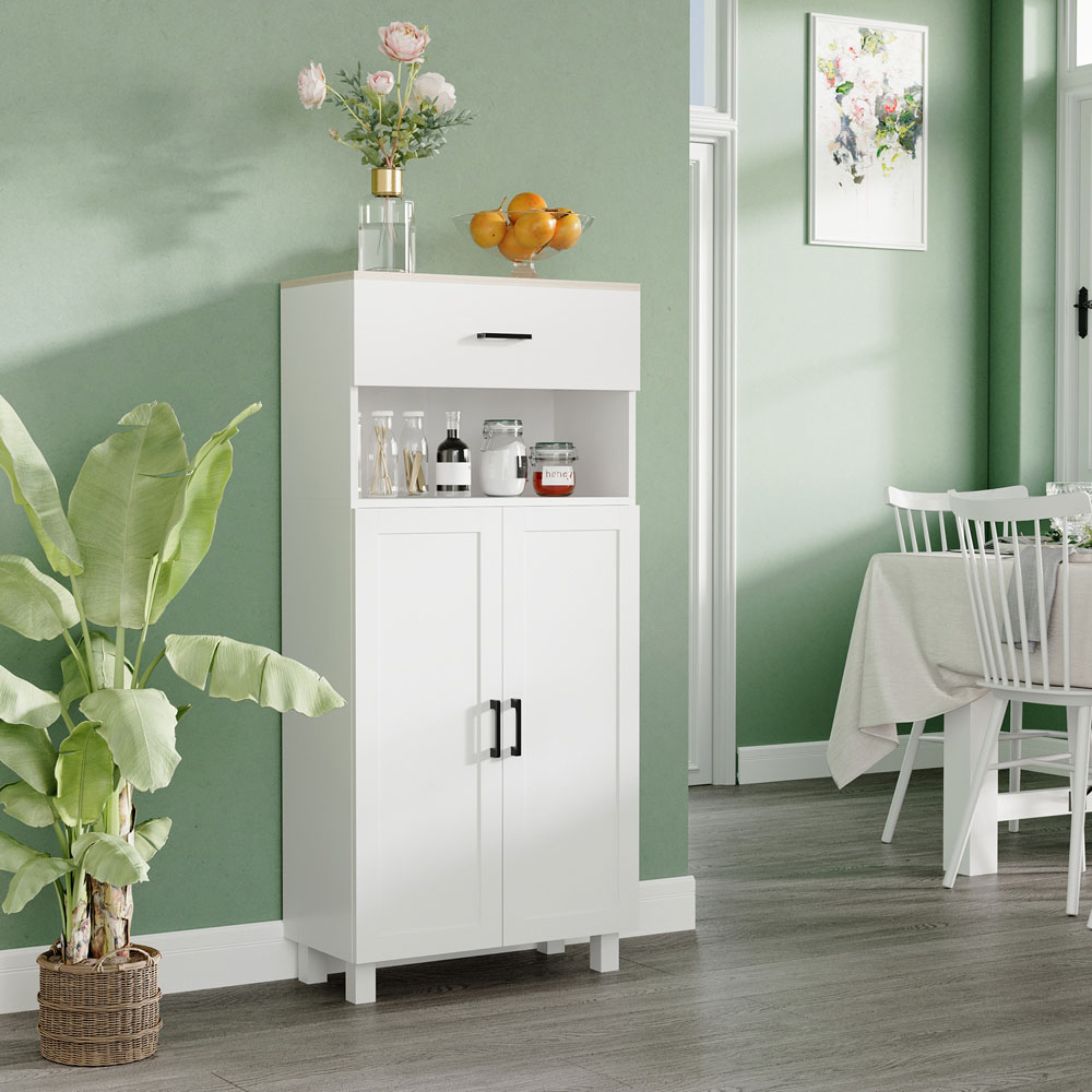 HOMCOM 2 Door Single Drawer White Nordic Kitchen Storage Cabinet Image 4