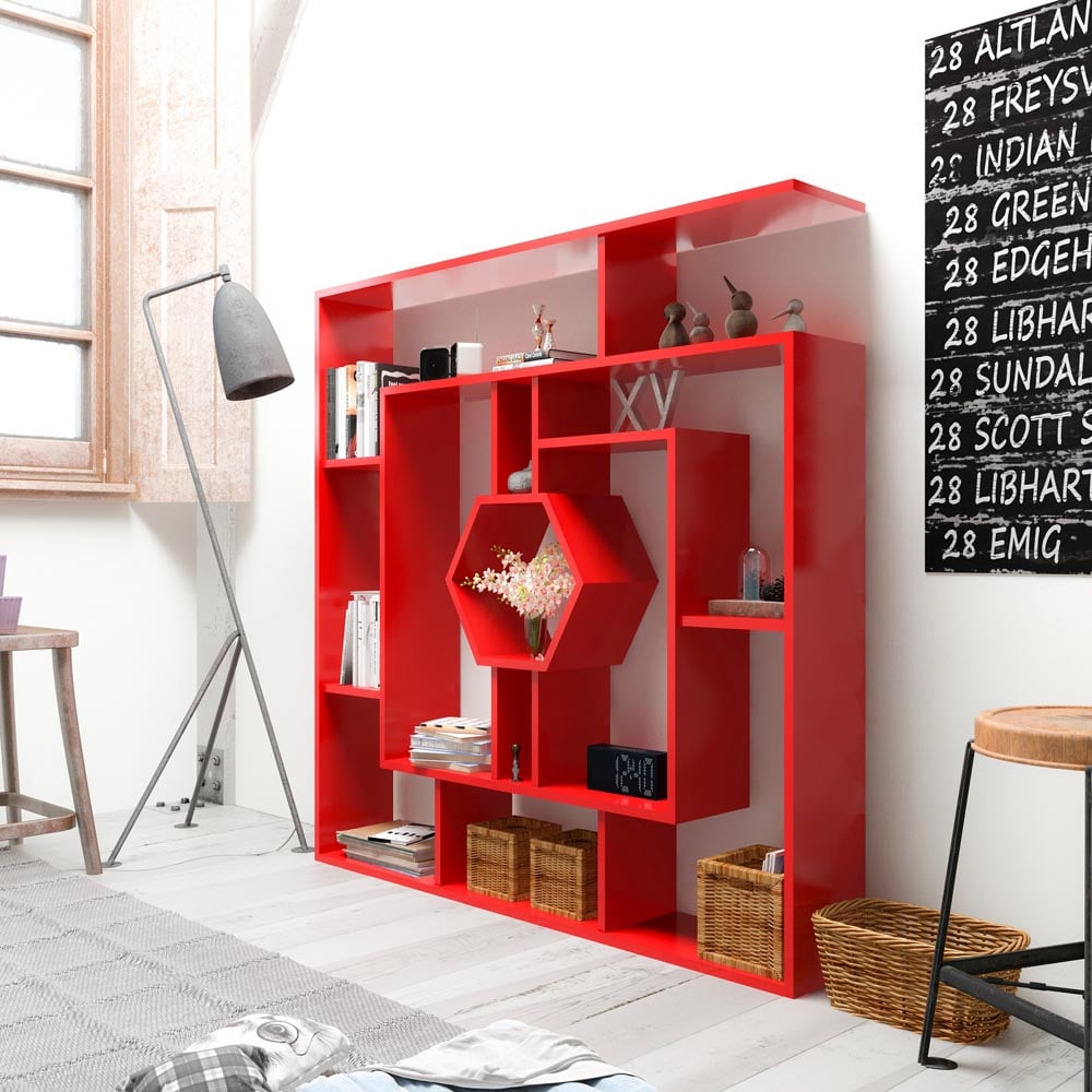 Decorotika Labrina 12 Shelf Red Hexagonal Geometric Bookcase Image 3