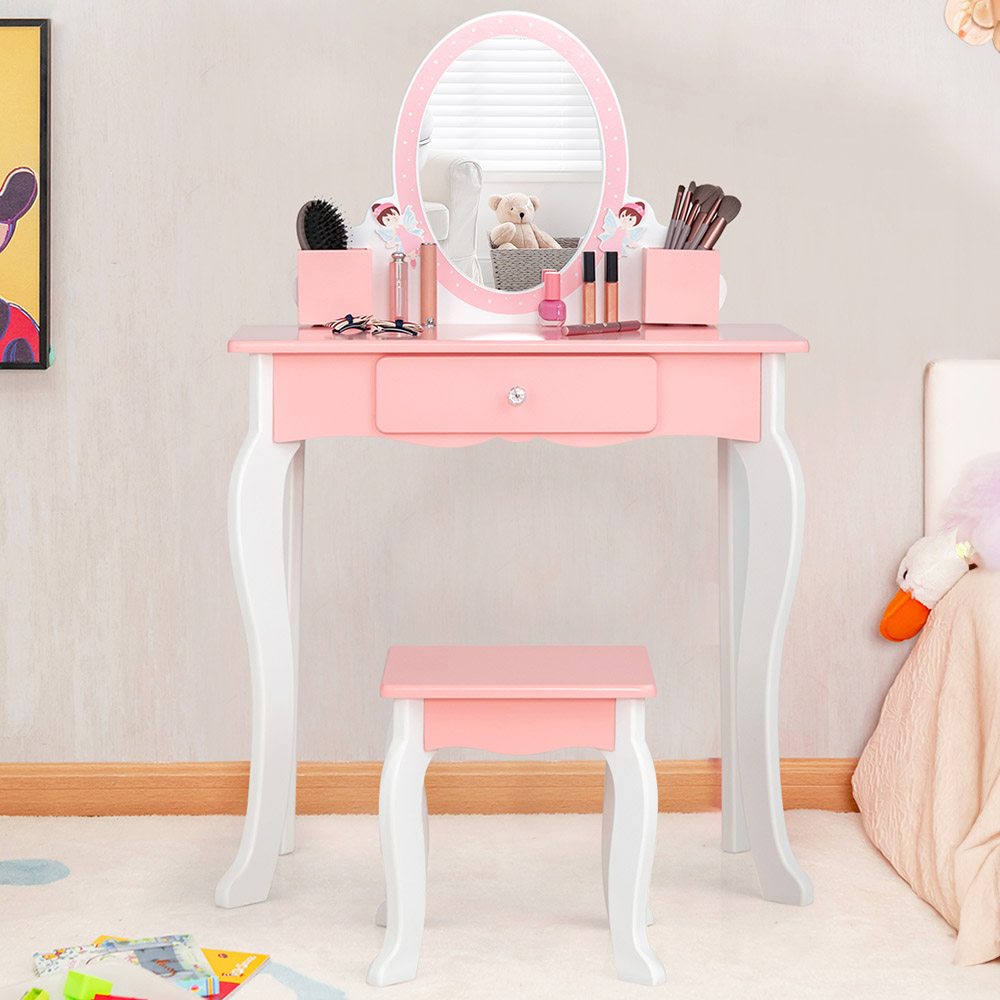 Costway Single Drawer Kids Pink Dressing Table and Stool Set with Mirror Image 1