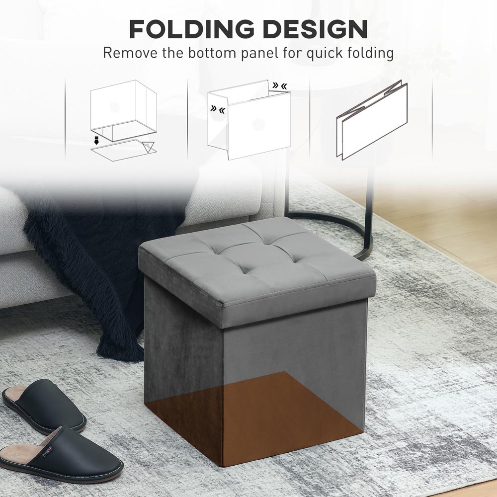 HOMCOM Grey Foldable Velvet Storage Ottoman Seat Image 6