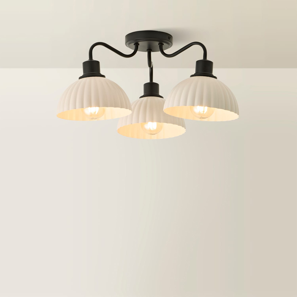 ValueLights Bourton 3 Arm Cream Ribbed Dome Shade Matte Black Ceiling Light with Bulb Image 5