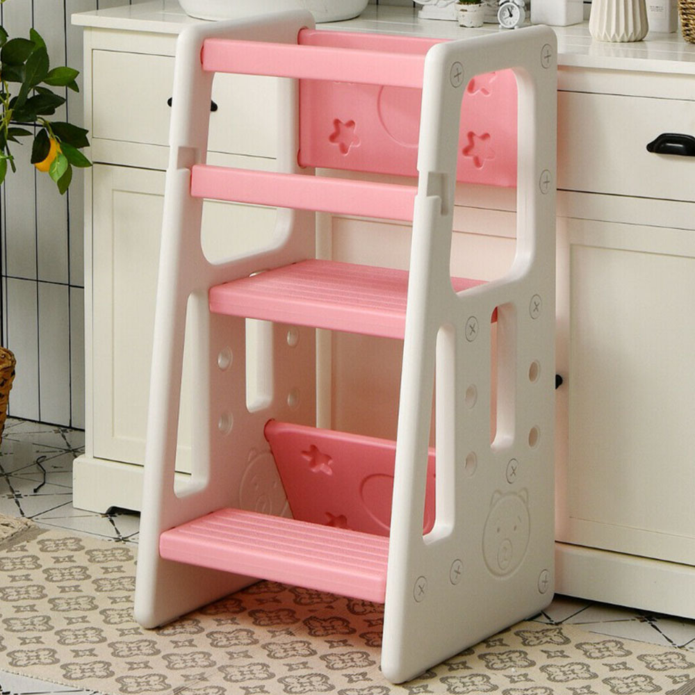 Costway Kids Pink Kitchen Step Stool with Safety Rails Image 1