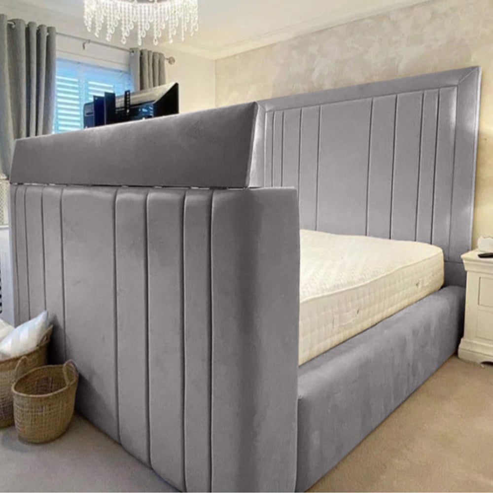 Eleganza Home Genna King Size Silver Plush Velvet TV Bed Frame with Lined Headboard Image 1