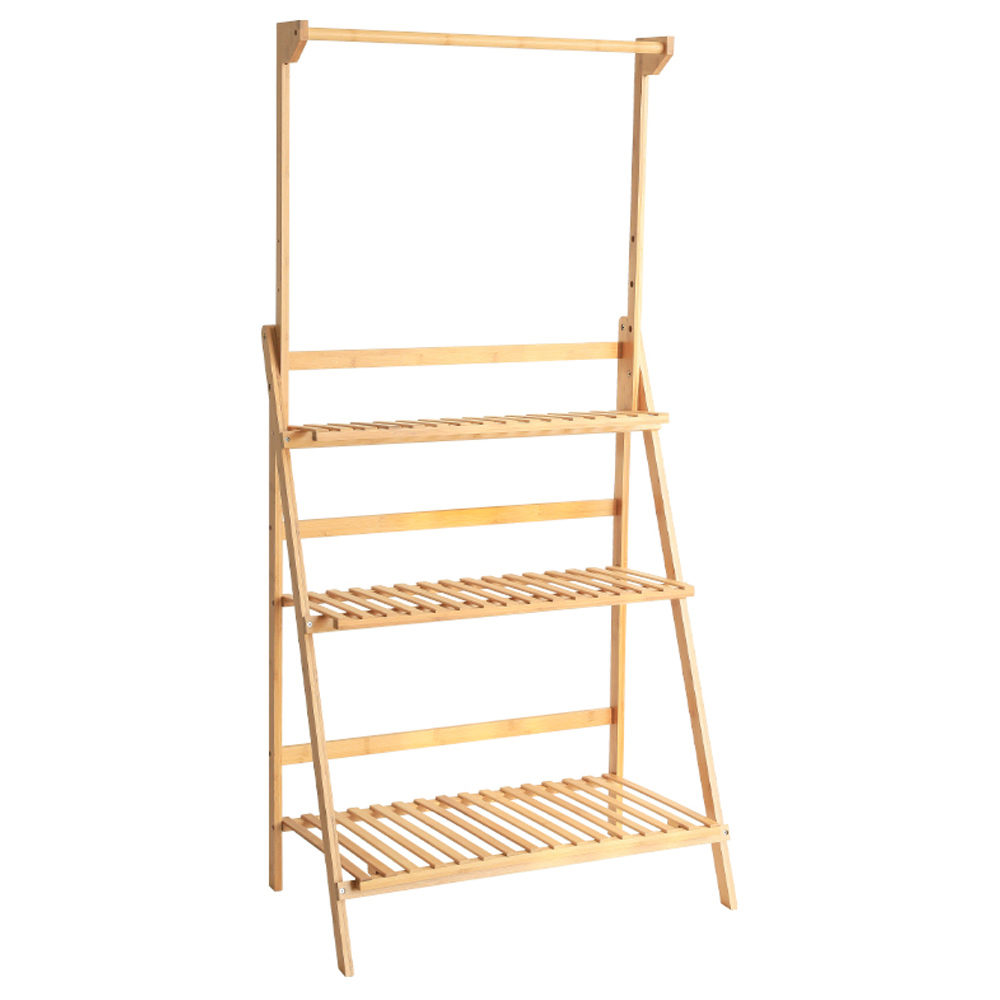 Living and Home 3 Shelf Ladder Bookshelf with Hanging Rod Image 2