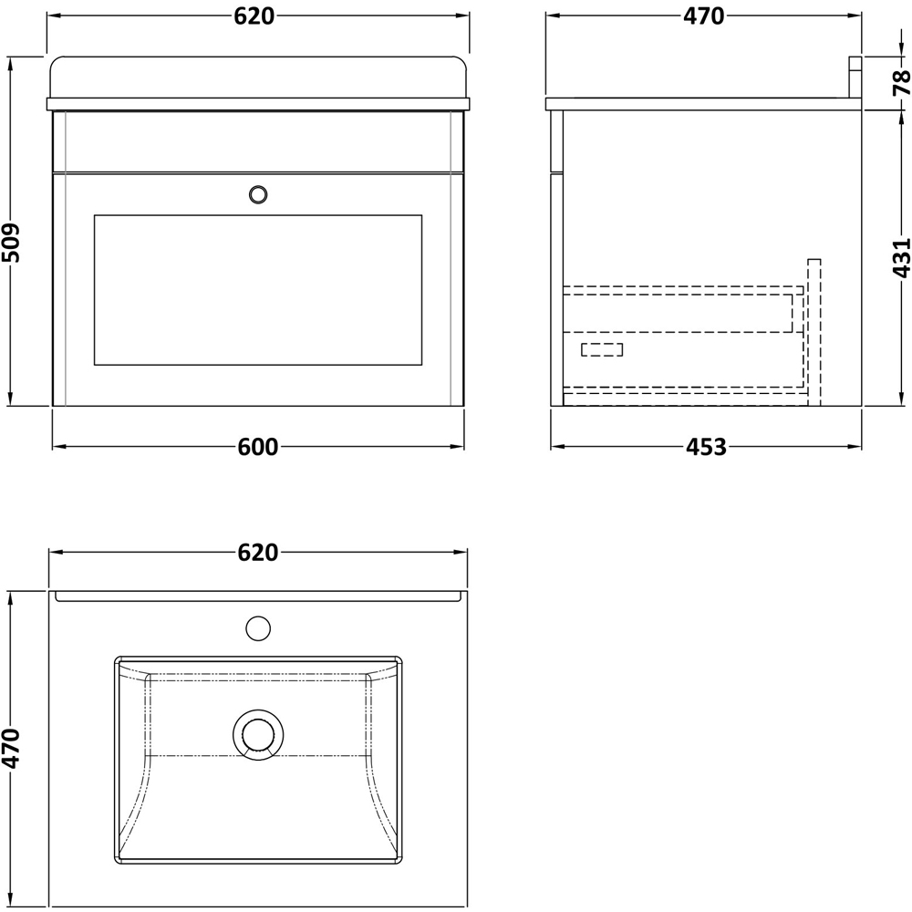nuie Classique Single Drawer Satin White Wall Hung Unit and 1 Tap Hole Marble Top Square Basin 600mm Image 3