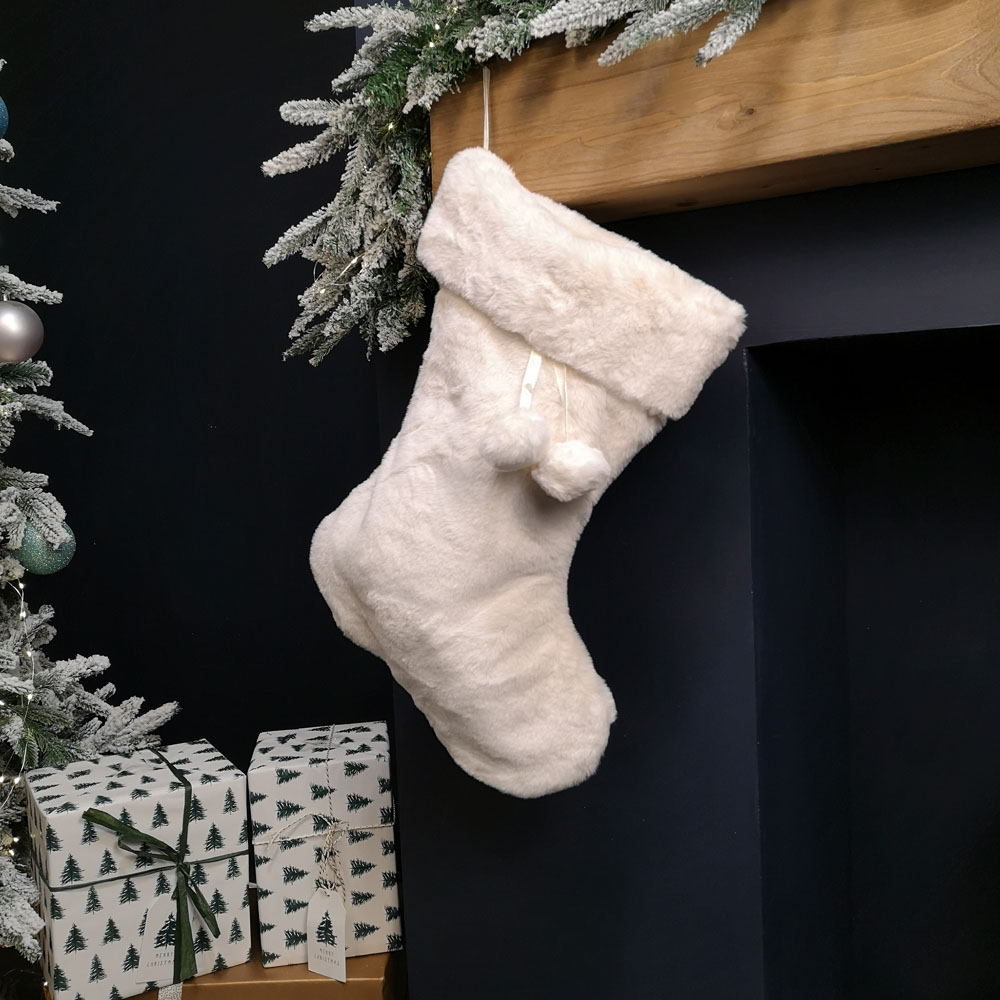 Samuel Alexander Winter White Faux Fur Hanging Christmas Stocking with Pom Poms 50cm Image 2