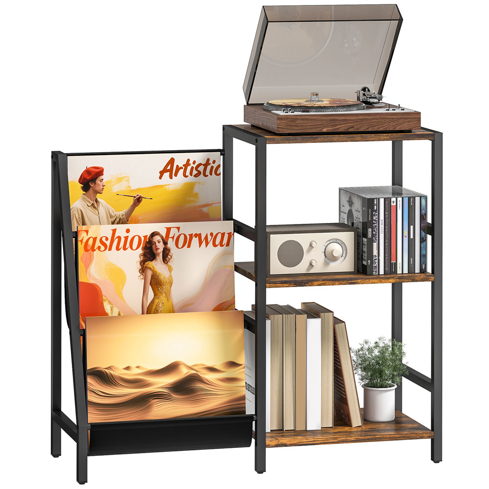 HOMCOM 3 Shelf Record Player Stand with 3 Oxford Cloth Racks Image 2