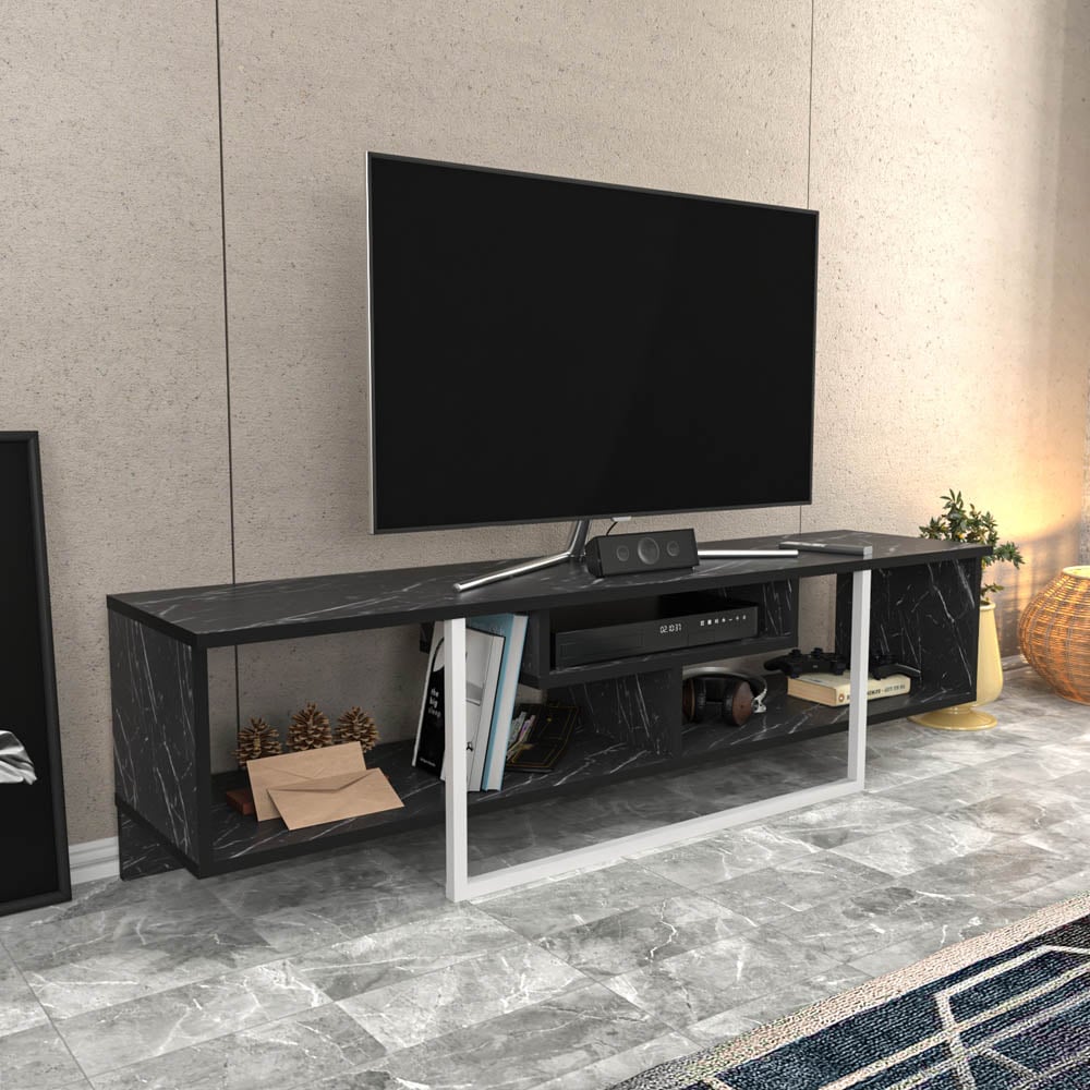 Decorotika Asal 3 Shelf Black Marble Effect and White TV Unit Image 4