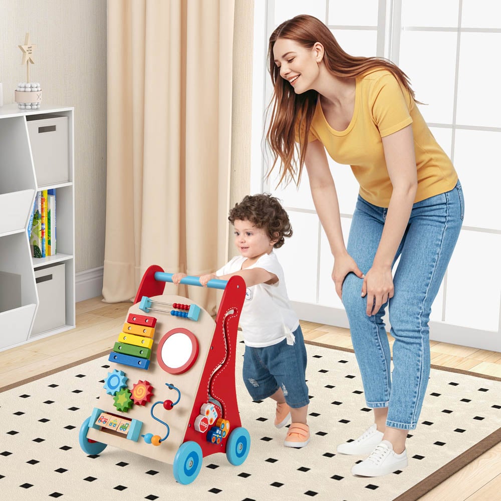 Costway Kids Red Wooden Baby Walker with Mirror Image 5