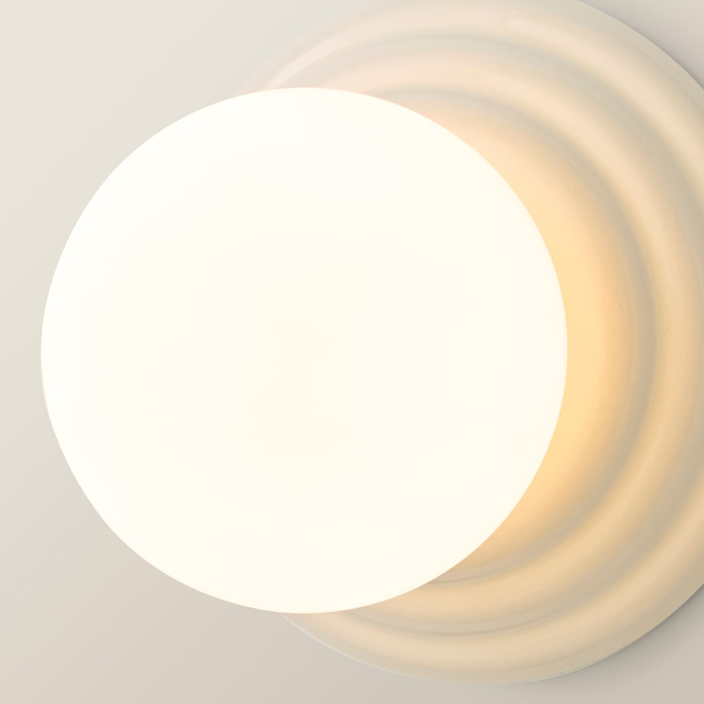 ValueLights Rue Frosted Glass Shade Cream Ribbed Ceramic Base Flush Wall Light with Bulb Image 4