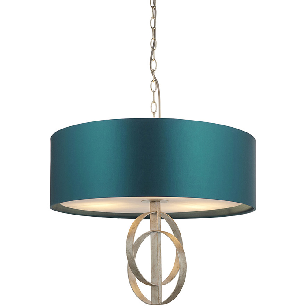 Merano Trento Antique Silver and Teal Satin Fabric 3 Light Pendant Ceiling Light Image 3