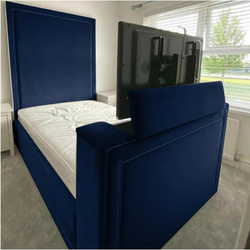 Eleganza Home Loxie Super King Size Blue Plush TV Bed Frame with Headboard and Footboard Image