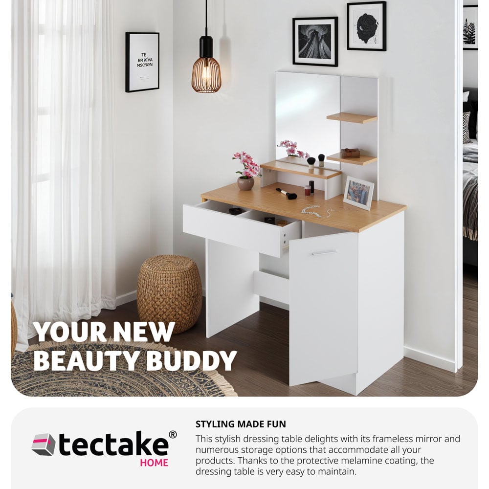 tectake Zoe Single Door Single Drawer 3 Shelf White and Beech Dressing Table Set with Mirror Image 5