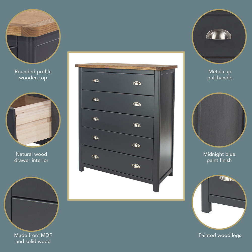 Core Products Dunkeld 5 Drawer Midnight Blue Chest of Drawers Image 7