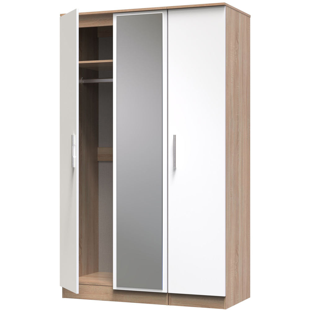 Crowndale Contrast Ready Assembled 3 Door Gloss White and Bardolino Oak Tall Mirrored Wardrobe Image 5