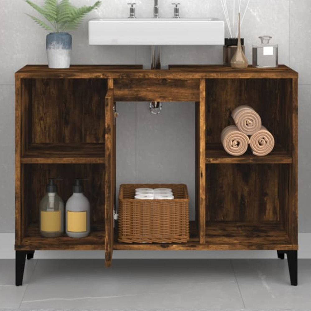 vidaXL Single Door 4 Shelf Smoked Oak Freestanding Under Sink Bathroom Cabinet Image 1