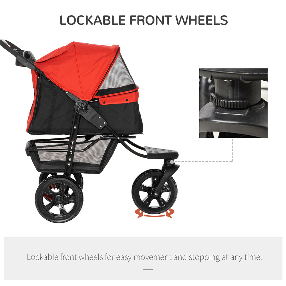 PawHut Red Foldable 3 Wheel Pet Stroller with Brake Image 5