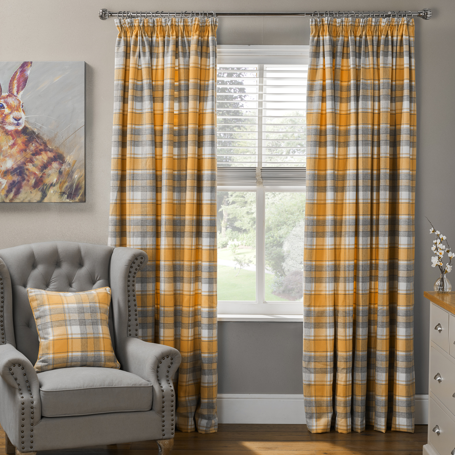 Divante Highbury Yellow Check Curtains 168 x 183cm Image