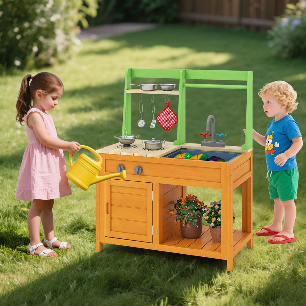 Costway Kids Orange Outdoor Kitchen Play Set with Realistic Stoves and Cookware Accessories Image 4