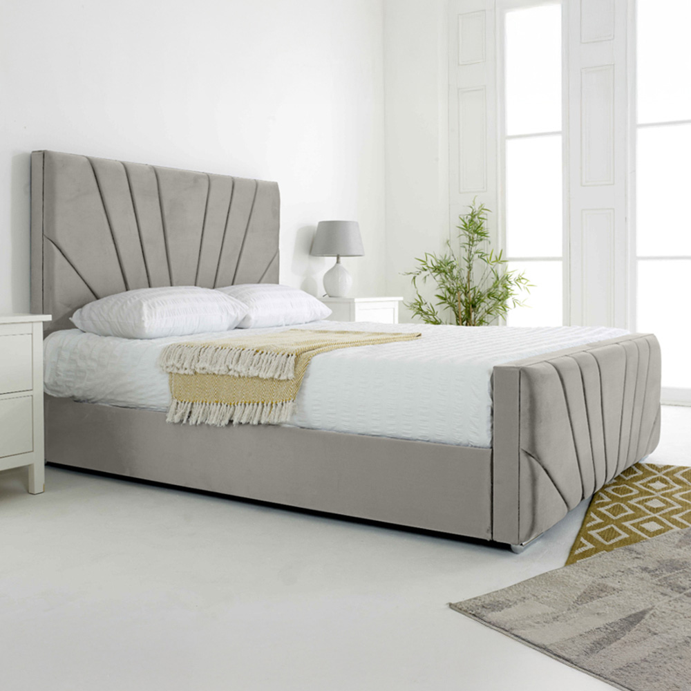 Eleganza Scarlett Double Silver Plush Velvet Bed Frame with Headboard and Footboard Image 1