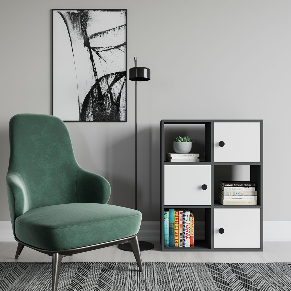Decorotika Tilton 3 Door 3 Open Shelf Anthracite and White Bookcase Image 3