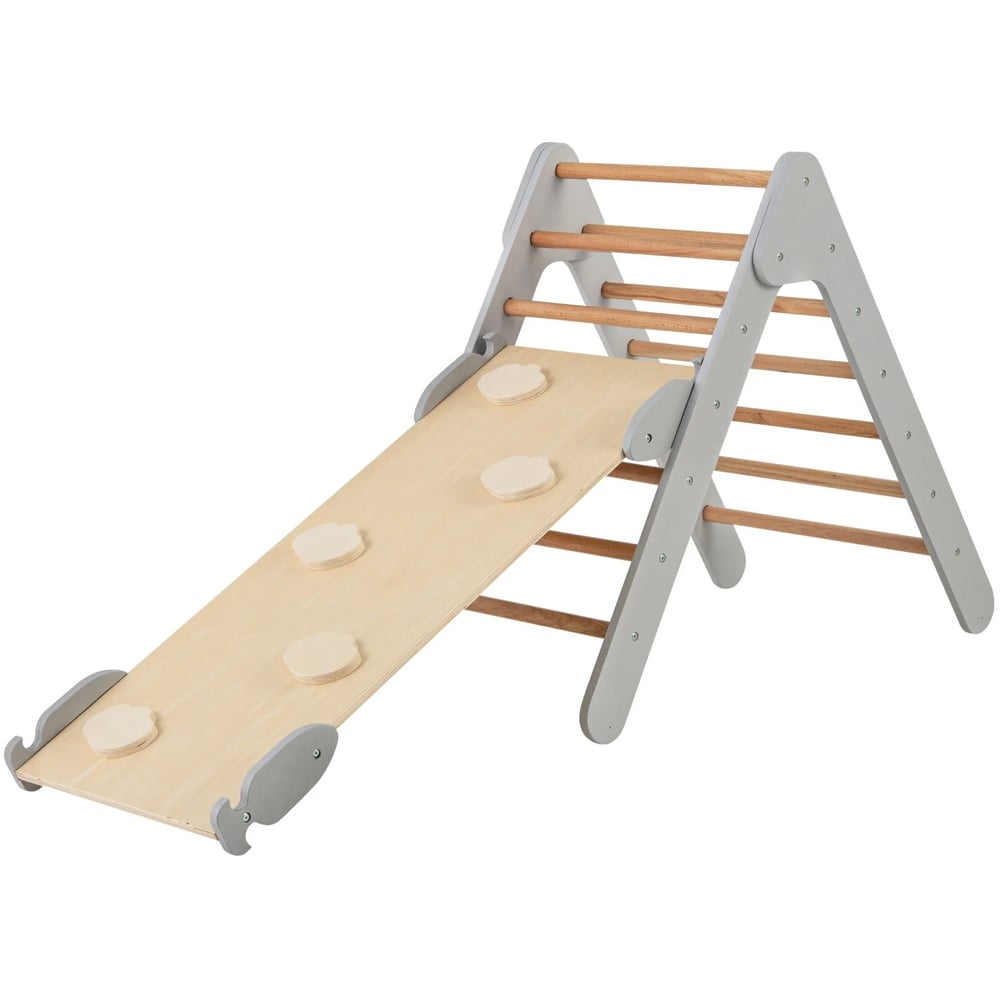 Costway Kids 2 in 1 Grey Wooden Climbing Ladder with Ramp Image 1