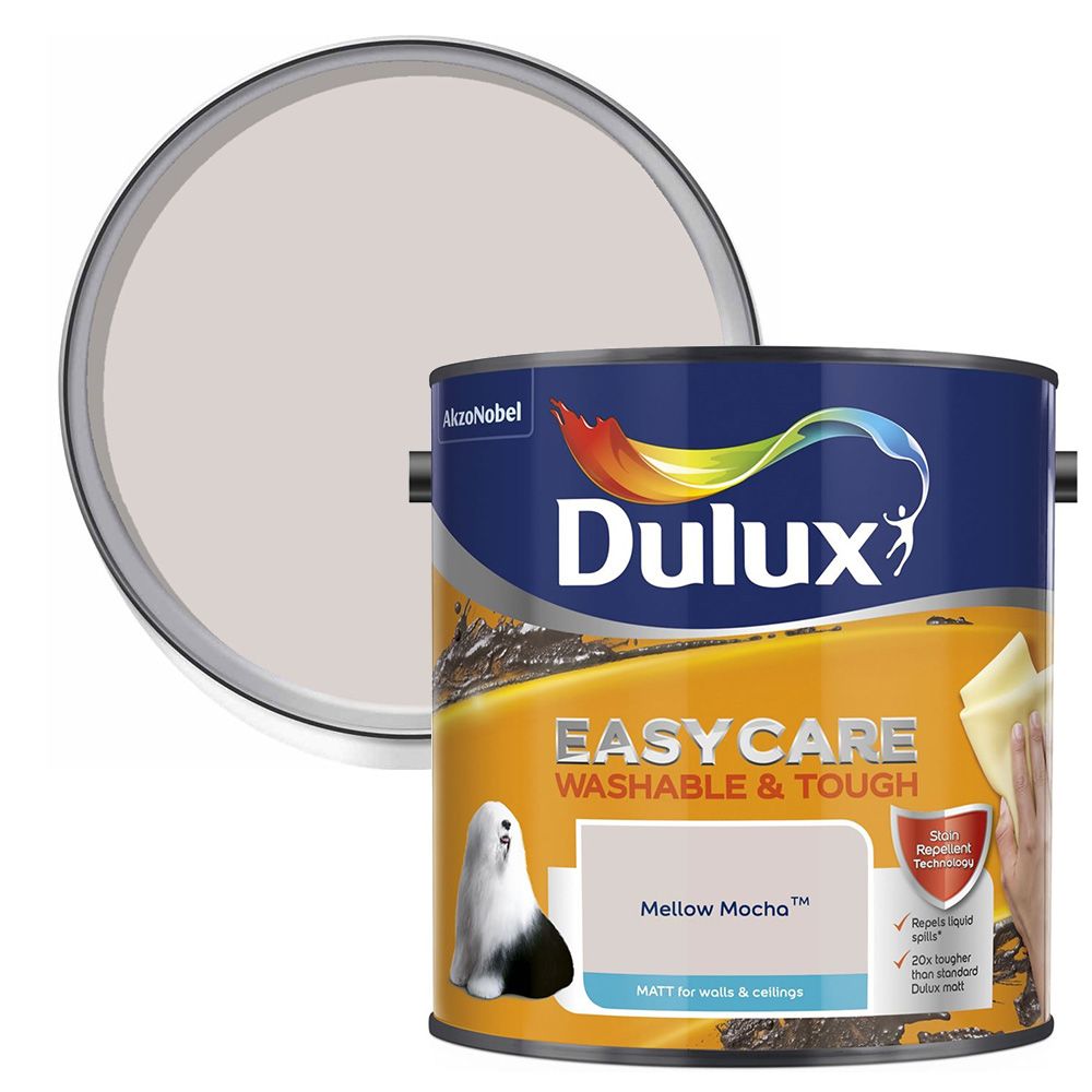 Dulux Easycare Mellow Mocha Matt Emulsion Paint 2.5L  - wilko Dulux Easycare Matt Paint uses stain repellent technology that allows you to free yourself from the worry that everyday living will damage the look of your home. This exceptionally tough and washable paint repels common liquid water based spills making them easier to wash away. Dulux Easycare is 20x tougher than standard Dulux Matt so you can remove common household stains without damaging the paint on your wall, keeping your home looking great for longer. Dulux Easycare Mellow Mocha Matt Emulsion Paint 2.5L