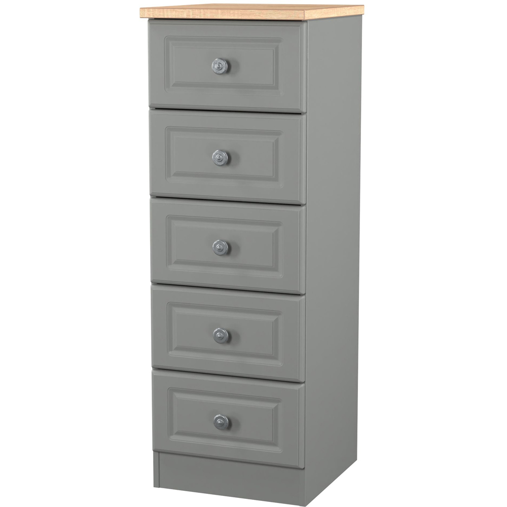 Crowndale Norfolk 5 Drawer Dusk Grey and Bardolino Oak Tall Bedside Cabinet Ready Assembled Image 4